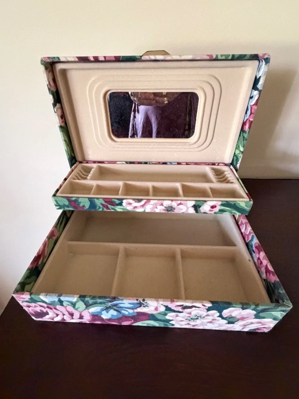 Vintage 80s Floral Fabric Two Tier Jewelry Box Case w/Mirror 10.5